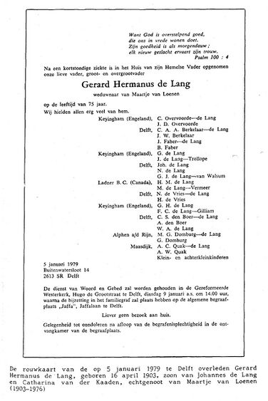 rouwkaart G.H. de Lang